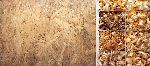 Preview: Wood shavings in box at table background. Wooden shaving from old plank board