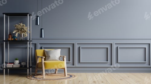Preview: Living room interior wall mock up with yellow armchair on empty dark wall.
