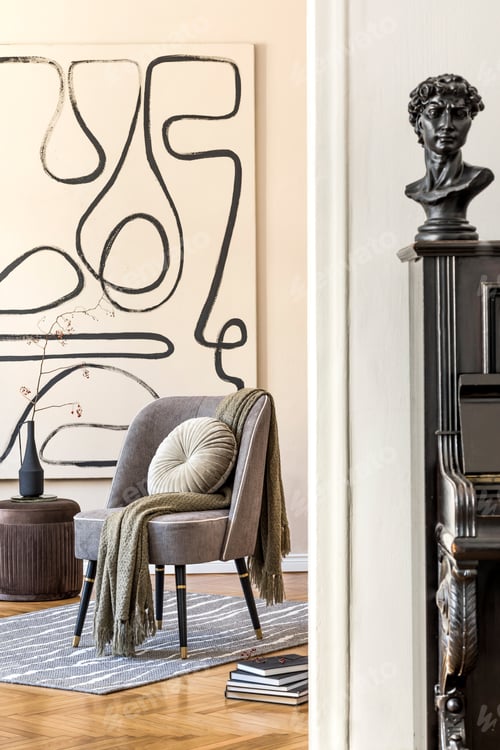 Preview: Interior design of living room with stylish grey armchair.