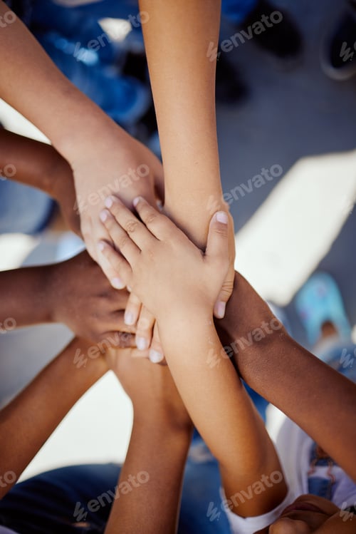 Preview: Hands, together and support, children solidarity and trust, commitment and team motivation top view
