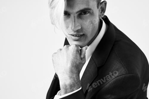 Preview: handsome man fashionable hairstyle in suits posing close-up