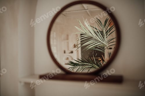 Preview: Luxury interior of big bathroom at modern african style with oval bathtub in natural lighting