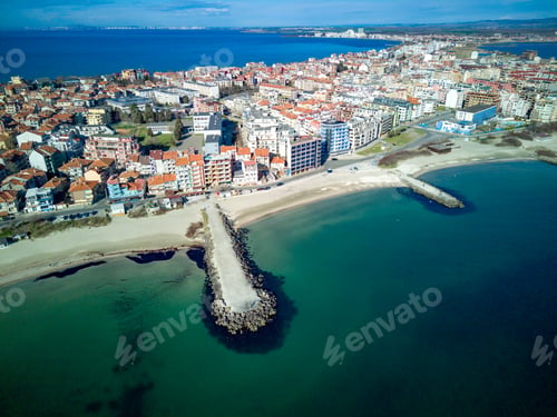 Preview: Panoramic view from a height above the town of Pomorie with houses and streets