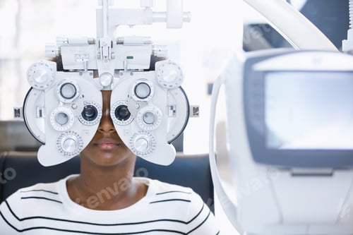 Preview: Young woman african american eye exam with diagnostic ophthalmology in optical clinic.