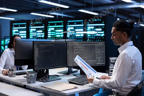 Vista previa: Data center technician doing yearly maintenance checkup using PC