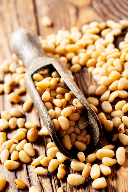 Preview: Pine nuts (cedar nuts). Delicious siberian product with nice taste and hale. Top view.
