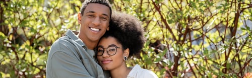 Preview: cheerful african american couple looking at camera together outdoors, banner