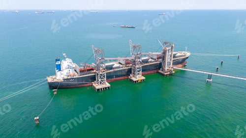 Preview: Aerial top view wood chips load chip from silo to cargo ship vessel concept green fuel for save