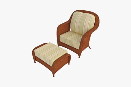 Preview: Wicker armchair and upholstered ottoman with wooden footrest