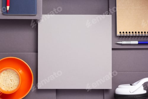 Preview: notebook with pen, headphones and cup of coffee