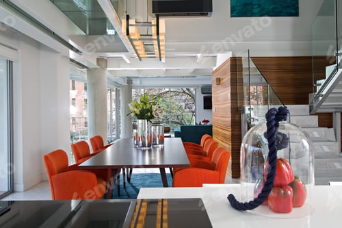 Preview: View from the kitchen of modern and bright dining room.