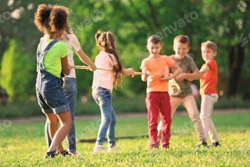 Preview: Cute little children playing with rope outdoors on sunny day