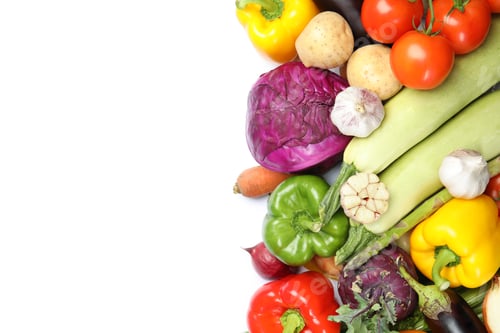 Preview: Many fresh ripe vegetables on white background, top view. Space for text