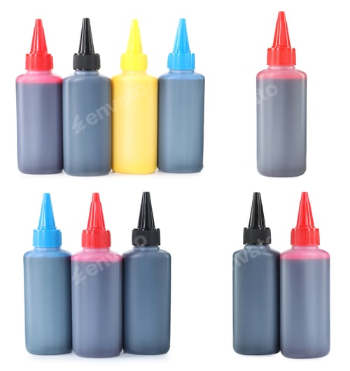 Preview: Printer ink of different colors in bottles isolated on white, set