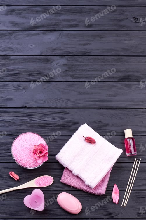 Preview: Vertical shot pink spa treatment bathroom accessories.