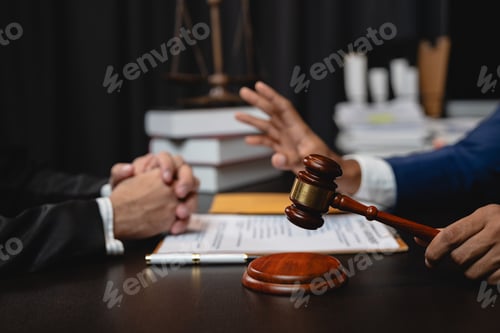 Preview: young businessman and Lawyer or legal advisor sitting at office holding hammer of justice with busin