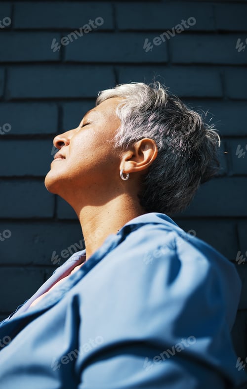 Preview: Breathe, business and mature woman in city on morning commute, travel and break from working. Freed