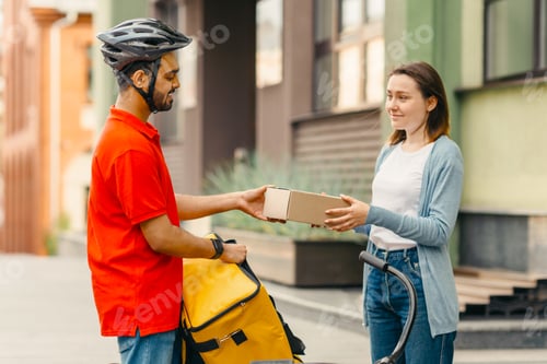 Preview: Satisfied customer receives online order. Girl takes cardboard parcel from courier with backpack and