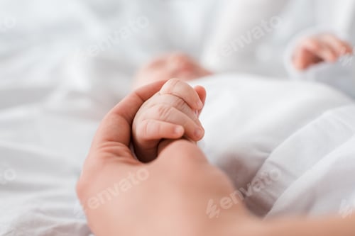 Preview: cropped view of mother and baby holding hands