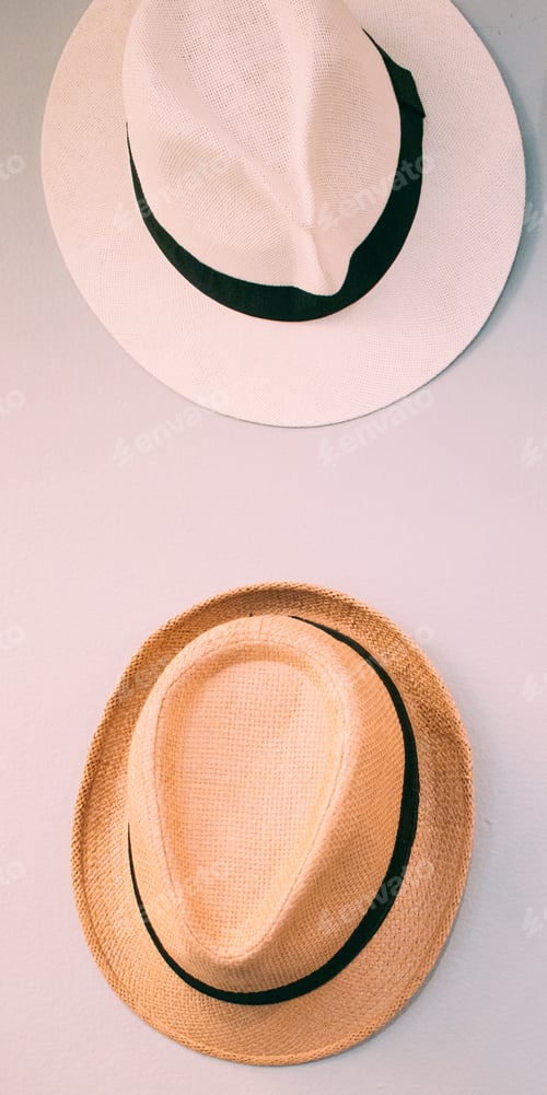 Preview: Two fashion fedora hats hanging on a wall