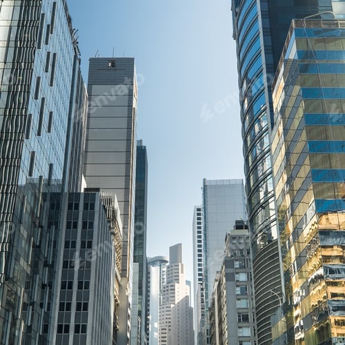 Preview: Abstract futuristic cityscape view with modern skyscrapers. Hong Kong