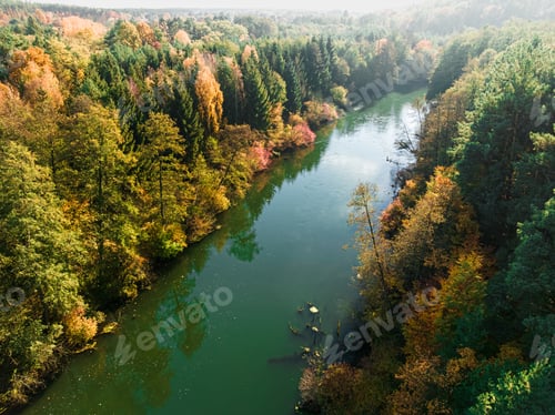Preview: Autumn colorful forest and river Brda at sunrise in Poland.