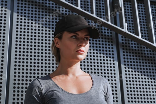 Preview: Portrait of confident woman athlete black baseball cap outdoor