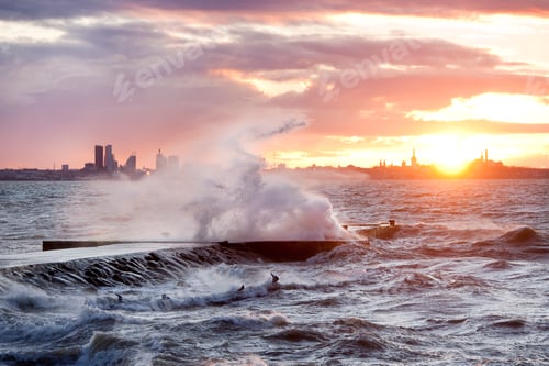 Preview: A weather storm in the Baltic Sea, waves crashing over a pier
