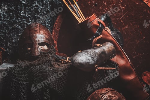 Preview: Still life with ancient shield, two rusted helmets, quiver of arrows