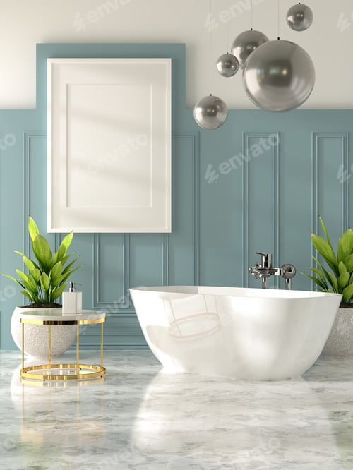 Preview: 3D illustration Mockup photo frame in bathroom rendering