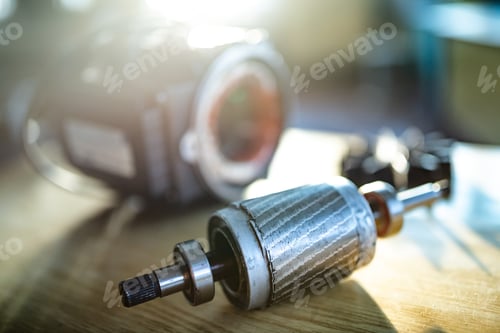 Preview: Close-up of a disassembled metal motor with wire