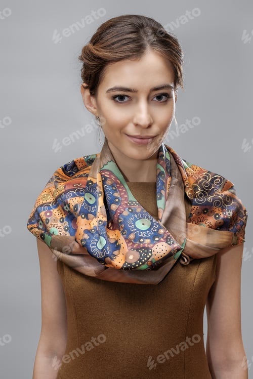 Preview: Beautiful fashion model posing with colorful silk scarf