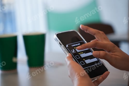 Preview: Customer feedback online concept, people check and correct mark on quality check list on application
