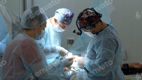 Preview: Operational procedure at modern hospital. Action. Doctors and assisting nurse, concept of health.