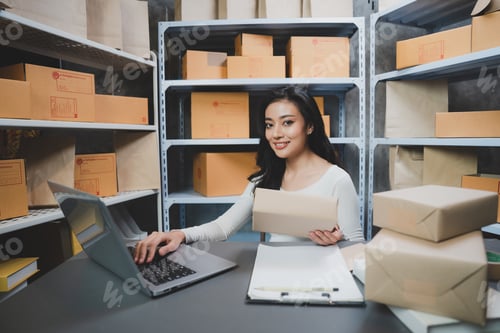 Preview: woman entrepreneur's hand holding package of parcel box, Preparing pack delivery packet product
