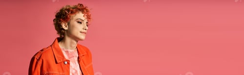 Preview: Vivid Elegance: Woman in Orange Jacket on Pink