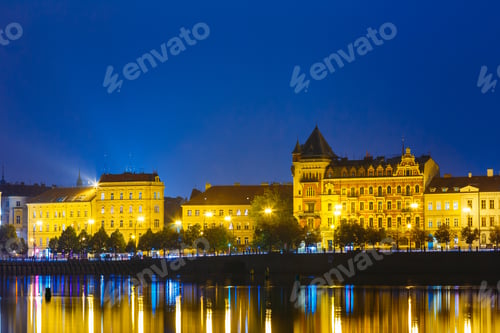 Preview: Night View Of Prague Embankment, Czech Republic. Reflection In