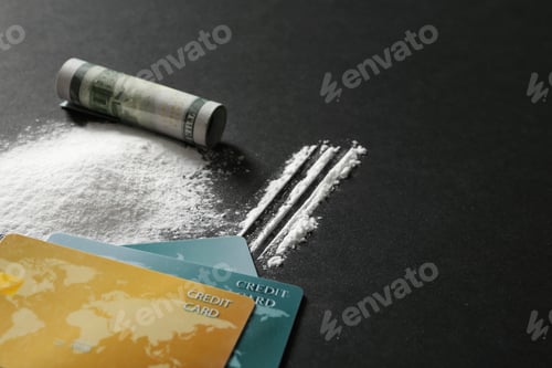 Preview: Composition with cocaine, credit cards and rolled dollar banknote on black background