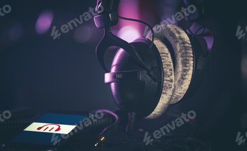 Preview: Musical background with a phone and headphones on a dark background.