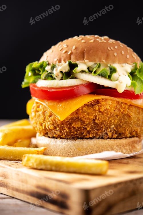 Preview: Crispy chicken burger with cheese and french fries