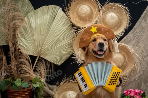 Preview: a dog dressed in a funny hat and some plants on the ground