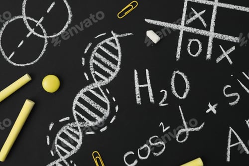 Preview: School formulas and drawings on a black school board