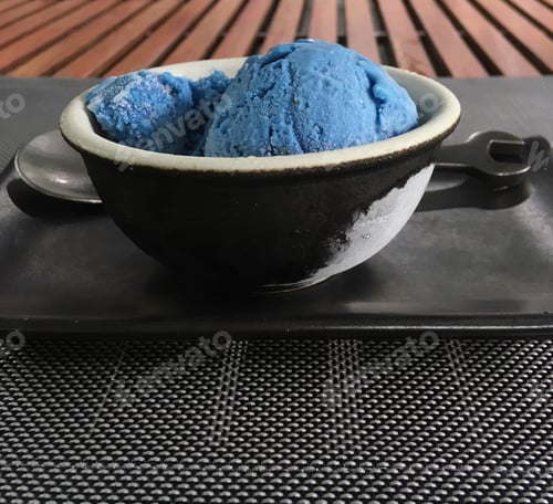 Preview: Bowl of Bright Blue Ice Cream on Tray