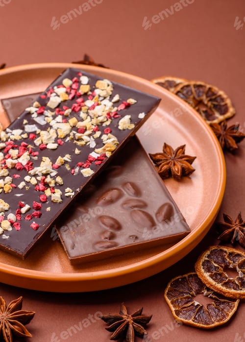 Vorschau: Tafelsüße, handwerklich hergestellte Schokolade mit getrockneten Früchten, die zu Hause hergestellt werden. Schokolade herstellen