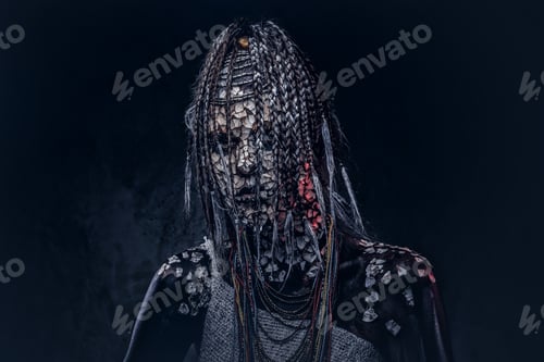 Preview: Close-up portrait of a witch from the indigenous African tribe, wearing traditional costume