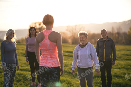 Preview: Seniors with sport instructor doing exercise outdoors in nature at sunset, active lifestyle.
