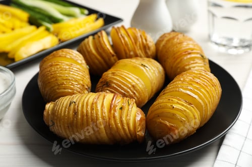 Preview: Delicious homemade Hasselback potatoes served on white wooden table, closeup