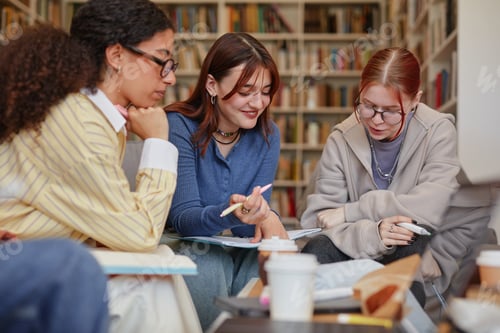 Preview: Multiethnic Teenage Girls Collaborating on Academic Assignment in Library
