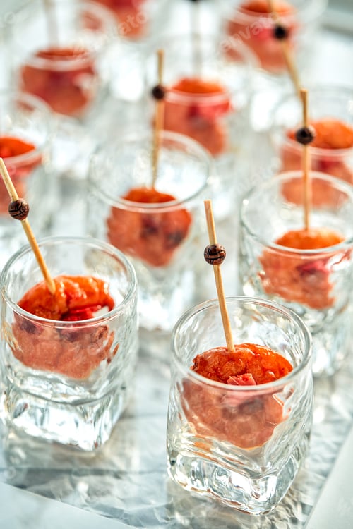 Preview: close-up canape with shrimp in glass soft background