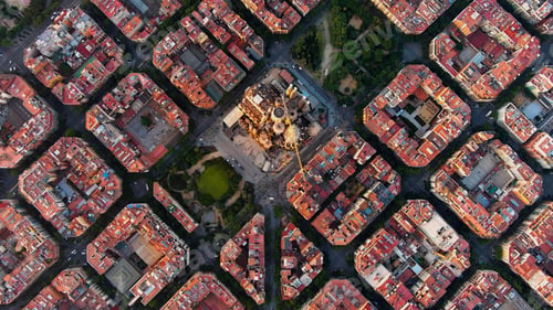 Preview: Overhead Panorama of Barcelona Skyline, Featuring Sagrada Familia Cathedral and Eixample Urban grid